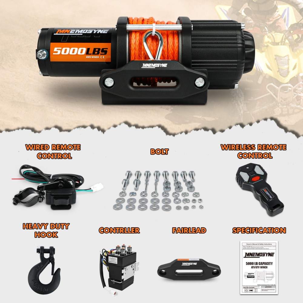 MNEMOSYNE Electric Winch 5000lb Synthetic Rope Wireless Remote Towing ATV UTV